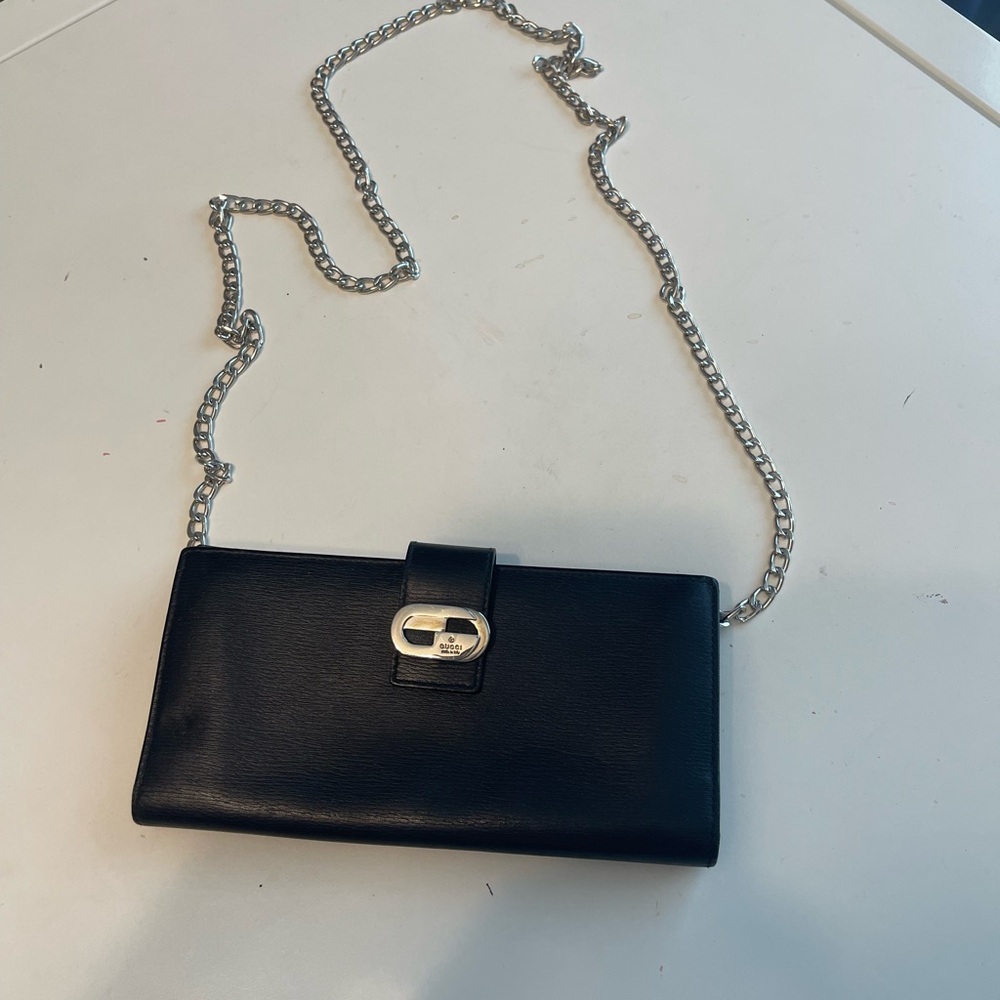 Gucci Elegant Black Leather Wallet  with Chain Strap